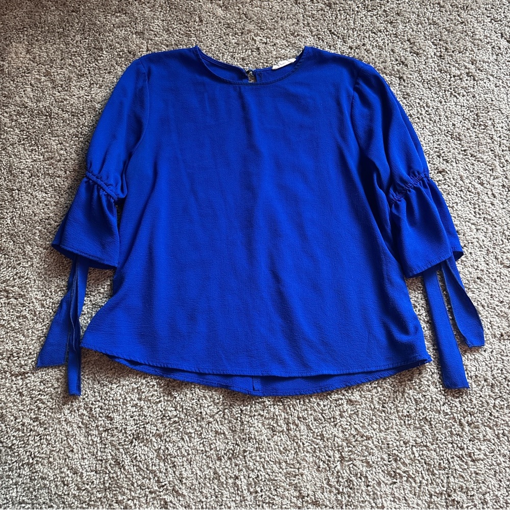 A’Gaci Size L Cobalt Blue Scoop Neck Tie Sleeve Blouse